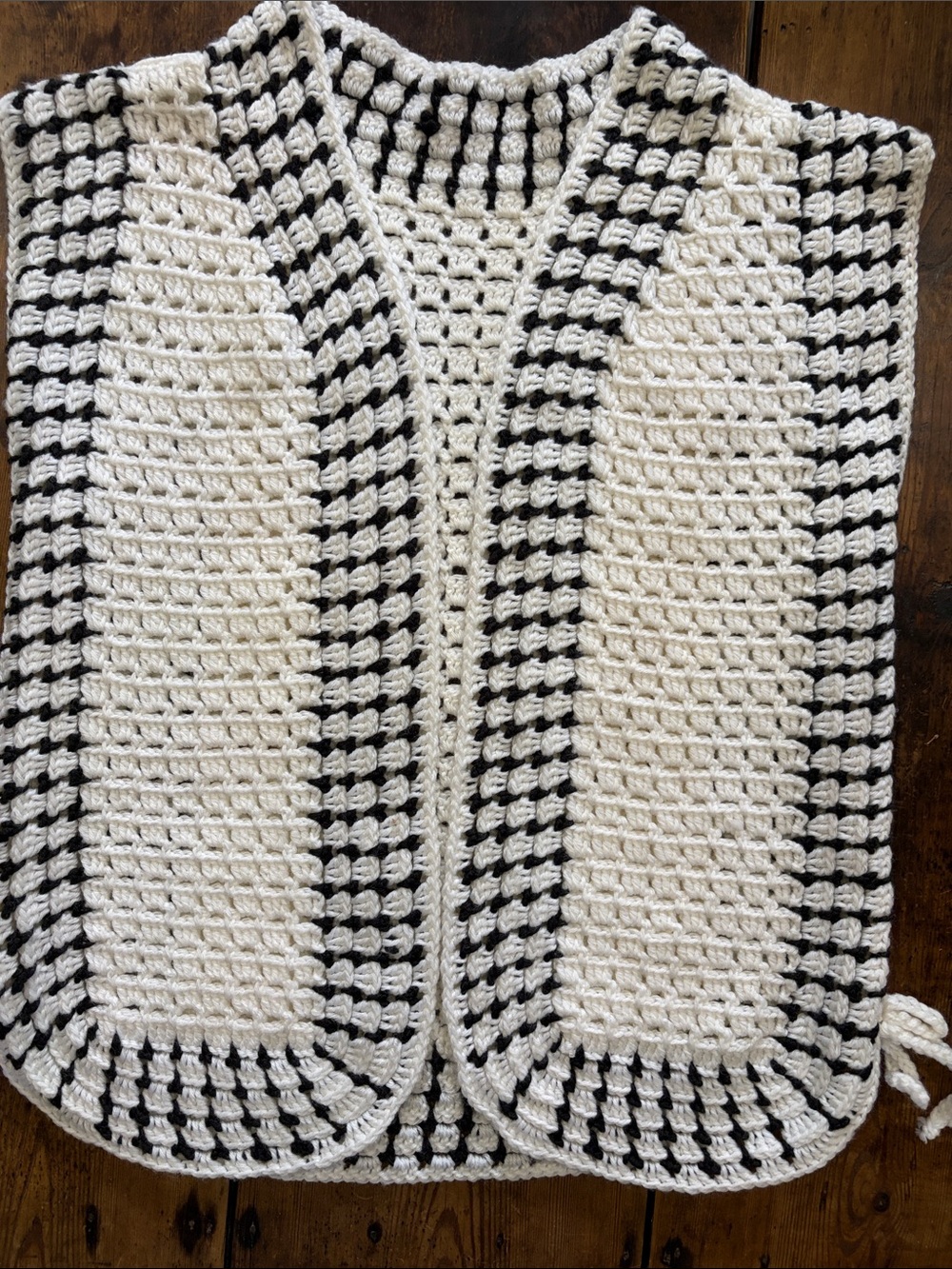 Handmade Hand Crocheted Black and White Sweater Vest Cottagecore Shabby Chic